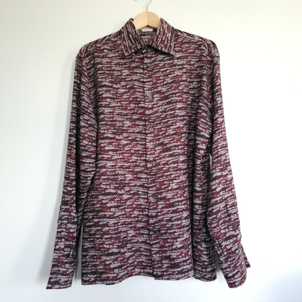 Hermes gray red horse pattern mens fall winter shirts wool silk. - Picture 8 of 14